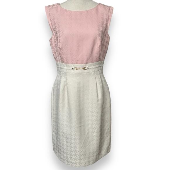 NWT Tahari Blush & Beige Juliane Dress w/ Tone-on-Tone Houndstooth Pattern Sz 8 - Picture 1 of 7